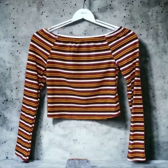 Windsor Fall colors striped off the shoulder cropped‎ length ribbed top - Picture 1 of 5